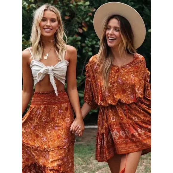 Rust Floral Boho Ruffle 3/4 Sleeve Mini Dress - Picture 6 of 9